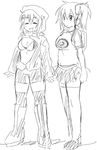  2girls aiba_ami bandai boots breasts digimon digimon_story:_cyber_sleuth female jacket monochrome multiple_girls n36hoko ponytail shinomiya_rina sketch smile 