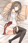  bad_id bad_pixiv_id bare_shoulders brown_eyes detached_sleeves grey_hair hairband haruna_(kantai_collection) headgear highres kanpyou_(hghgkenfany) kantai_collection lace lace-trimmed_thighhighs long_hair looking_at_viewer lying nontraditional_miko on_side panties pillow pleated_skirt red_skirt skirt solo thighhighs underwear white_panties 