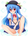  blue_hair blush breasts food fruit hair_censor hat hinanawi_tenshi long_hair midriff nagana_sayui navel open_clothes open_shirt panties pantyshot pantyshot_(sitting) peach puffy_short_sleeves puffy_sleeves red_eyes revision shirt short_sleeves sitting skirt small_breasts smile solo spread_legs tongue tongue_out touhou underwear upskirt very_long_hair white_panties 