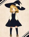  black_legwear blonde_hair blush bow braid dress hair_ornament hands_in_pockets hat kirisame_marisa kneehighs long_hair open_mouth ribbon simple_background solo touhou witch_hat yellow_eyes yujup 