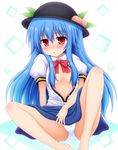  blue_hair blush breasts food fruit hair_censor hat hinanawi_tenshi long_hair md5_mismatch midriff nagana_sayui navel open_clothes open_shirt panties pantyshot pantyshot_(sitting) peach puffy_short_sleeves puffy_sleeves red_eyes shirt short_sleeves sitting skirt small_breasts smile solo spread_legs tongue tongue_out touhou underwear upskirt very_long_hair white_panties 