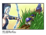  2boys all_fours arrow ashe_(league_of_legends) boots bow_(weapon) breasts brown_hair cloak garen_crownguard grass hood hooded_cloak league_of_legends medium_breasts multiple_boys sideboob talon_(league_of_legends) weapon white_hair wongyu 