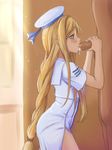  1girl alicia_florence aria bad_id bad_pixiv_id blonde_hair blue_eyes blush braid cum cum_in_mouth dress faceless faceless_male fellatio hat hetero long_hair nora-uni oral penis single_braid solo_focus uniform 