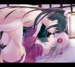  1girl androgynous black_hair boy_on_top censored female_saniwa_(touken_ranbu) flower hair_flower hair_ornament hetero japanese_clothes kimono long_hair mika_mikan open_mouth penis ponytail red_eyes saniwa_(touken_ranbu) sex tarou_tachi touken_ranbu vaginal 