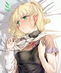  angry arm_warmers blonde_hair blush ear_blush earrings geppewi green_eyes hair_twirling jewelry looking_away mizuhashi_parsee on_bed pointy_ears ponytail scarf short_hair short_sleeves solo tears touhou upper_body 