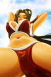  1girl arms_up breasts brown_hair cleavage eddie_holly erect_nipples king_of_fighters midriff navel shiranui_mai solo 