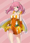  ;d ahoge blue_eyes breasts cape cleavage dress medium_breasts narugino_mikatan no_panties one_eye_closed open_mouth pink_background pink_hair punch_line sleeveless smile solo strange_juice striped striped_background tilt-shift 