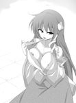  bare_shoulders breasts collarbone detached_sleeves frog_hair_ornament greyscale hachi_(chihagura) hair_ornament kochiya_sanae large_breasts long_hair long_sleeves looking_at_viewer monochrome nipple_slip nipples no_bra open_clothes open_mouth open_shirt saliva shirt skirt snake_hair_ornament solo tongue tongue_out touhou very_long_hair wide_sleeves 