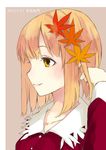  aki_shizuha blonde_hair border brown_background dated downscaled face highres jpeg_artifacts leaf leaf_on_head long_sleeves looking_away md5_mismatch nagata_nagato orange_eyes portrait profile resized short_hair simple_background smile solo text_focus touhou upper_body 