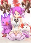  1boy 1girl bandai bare_shoulders bird birdramon biyomon breasts claws digimon digimon_world_re:digitize feathers female legwear mushroom nipples one_breast_out pink_eyes pink_hair poyomon rindou_akiho tokomon twintails 