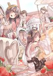  ahoge bad_id bad_pixiv_id bare_shoulders barefoot black_hair blue_eyes boots breasts brown_eyes brown_hair cherry cup double_bun eating food food_on_face fruit glasses green-framed_eyewear hair_ornament hairband hairclip haruna_(kantai_collection) headgear hiei_(kantai_collection) highres kantai_collection kirishima_(kantai_collection) kongou_(kantai_collection) large_breasts long_hair looking_at_another minigirl multiple_girls nontraditional_miko open_mouth plaid plaid_skirt pleated_skirt ribbon-trimmed_sleeves ribbon_trim saraki saucer short_hair sitting skirt smile spoon strawberry teacup teapot thigh_boots thighhighs tiered_tray 