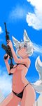  animal_ears ar-15 ariyoshi_gen assault_rifle bad_id bad_pixiv_id bikini black_bikini blue_eyes blush breasts eyebrows_visible_through_hair gun highres holding holding_gun holding_weapon large_breasts looking_at_viewer m4_carbine navel original rifle short_hair silver_hair smile solo stanag_magazine swimsuit tail trigger_discipline underboob weapon wolf_ears wolf_tail 