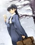  bare_tree black_hair briefcase brown_eyes holding kodamari long_coat long_hair older open_mouth sakamoto_mio scarf snow solo strike_witches tree twitter_username white_scarf winter winter_clothes world_witches_series 
