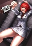  ayakumo blazer blush bottle couch drooling drunk highres horikawa_raiko jacket long_sleeves looking_at_viewer lying miniskirt on_back on_couch open_mouth red_eyes red_hair sake_bottle shirt skirt smile solo touhou 