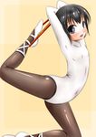  :d arched_back armpits arms_behind_head ballet ballet_slippers bangs black_eyes black_hair black_legwear covered_navel cross-laced_footwear flat_chest flexible from_side full_body kneeling leg_up leotard looking_at_viewer nezumi_(nezuminosippo) open_mouth original pantyhose plantar_flexion shiny shiny_clothes short_hair simple_background smile solo spread_legs stretch turtleneck yellow_background 
