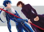  blue_hair brown_hair cross cross_necklace fate/stay_night fate_(series) gae_bolg jewelry kotomine_kirei lancer multiple_boys necklace polearm ponytail red_eyes spear sujin weapon 