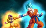  anger_vein aura blue_eyes blue_hair dougi dragon_ball dragon_ball_z dragon_ball_z_fukkatsu_no_f eto_(etc_eto) frieza golden_frieza son_gokuu super_saiyan super_saiyan_blue super_saiyan_god 