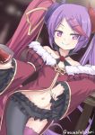  1girl asymmetrical_legwear blurry blurry_background collarbone commentary_request cup dress dutch_angle flat_chest groin hair_ornament hairclip long_hair looking_at_viewer multicolored_hair navel princess_connect! princess_connect!_re:dive purple_hair smile solo tamaizumi_misaki twintails twitter_username umarutsufuri 