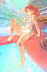  aircraft airplane barefoot breasts camisole dirty_face drinking_straw fio_piccolo highres kurenai_no_buta long_hair midriff navel ocean ponytail propeller red_hair rtil short_shorts shorts sipping sitting small_breasts soaking_feet solo studio_ghibli sweatdrop toes water wrench 