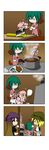  &gt;_&lt; 4girls 4koma :d absurdres animal_ears apron black_dress blonde_hair chibi cleaver closed_eyes comic cooking cutting cutting_board dress fairy_wings fan fanning flintstone flying_sweatdrops food gradient_hair green_hair hat hatchet highres hijiri_byakuren kasodani_kyouko knife ladle laughing lily_white long_hair long_sleeves minigirl multicolored_hair multiple_girls open_mouth oriental_hatchet pink_dress plate pot puffy_short_sleeves puffy_sleeves purple_hair rakugaki-biyori short_sleeves sigh silent_comic smile spoon steam stirring toramaru_shou touhou vegetable very_long_hair wide_sleeves wings xd 