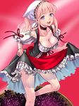  breasts cleavage dirndl food fruit german_clothes grapes head_scarf highres hisho_collection kaekae large_breasts layered_skirt open_mouth pink_hair skirt skirt_hold solo underbust 