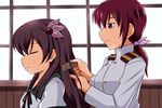  closed_eyes comb combing crossover female_admiral_(kantai_collection) hair_ornament hair_ribbon hoshizora_ikuyo kantai_collection kisaragi_(kantai_collection) long_hair long_sleeves low_ponytail military military_uniform multiple_girls nishi_koutarou precure purple_eyes purple_hair ribbon smile_precure! uniform 