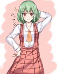  arm_behind_head ascot bad_id bad_pixiv_id collarbone commentary_request green_hair hand_on_hip highres kazami_yuuka open_clothes open_vest pose red_eyes shirt short_sleeves skirt smile solo touhou vest wendell 