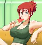  1girl bare_shoulders blue_eyes blush breasts cleavage erect_nipples female forte_stollen galaxy_angel large_breasts looking_at_viewer red_hair sitting solo watermelon 