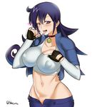  1girl artist_name breasts burakku-ra choker cleavage duel_masters erect_nipples fingerless_gloves gloves heart heart-shaped_pupils large_breasts long_hair navel open_mouth purple_hair symbol-shaped_pupils tasogare_mimi tongue 