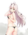  ass bikini brown_eyes horns nakamura_nagare original phantasy_star phantasy_star_online_2 silver_hair solo swimsuit thighhighs thong_bikini 