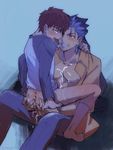  anal ass ass_grab blue_hair blush brown_hair cum cum_in_ass cum_on_body cum_on_boy cum_on_upper_body cum_while_penetrated emiya_shirou fate/stay_night fate_(series) hands_on_ass inaho178 lancer male_focus multiple_boys saliva saliva_trail straddling upright_straddle yaoi 