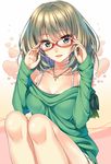  adjusting_eyewear bespectacled blue_eyes blush breasts cleavage collarbone glasses green_eyes green_shirt heart heterochromia idolmaster idolmaster_cinderella_girls jewelry light_smile medium_breasts mole mole_under_eye necklace off-shoulder_shirt open_mouth piromizu red-framed_eyewear shirt solo takagaki_kaede 