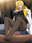  1girl blonde_hair censored charlemagne_(monsuno) feet femdom footjob gureko_rouman lipstick makeup pantyhose 