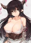  black_hair breasts brown_eyes danua draph granblue_fantasy horns large_breasts long_hair looking_at_viewer mukka nipple_slip nipples pointy_ears solo 