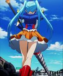  aqua_hair boots drill from_behind getter_liger highres liga-sama pleated_skirt robot_girls_z screencap skirt twintails 