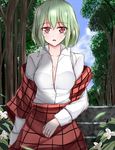  bad_id bad_pixiv_id blue_sky blush breasts cleavage cloud collarbone day flower forest green_hair kazami_yuuka large_breasts long_sleeves nature no_bra off_shoulder open_clothes open_mouth open_shirt open_vest red_eyes shirt short_sleeves skirt sky solo stairs touhou vest wendell 