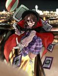  :d ;d brown_eyes brown_hair bus_stop cape card city cityscape flying glasses gloves itirirenn one_eye_closed open_mouth road_sign shirt short_hair sign skirt smile solo touhou usami_sumireko vest zener_card 