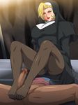  1girl blonde_hair censored charlemagne_(monsuno) feet femdom footjob gureko_rouman lipstick makeup nun pantyhose 