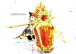  aa2233a armor ashe_(league_of_legends) bow_(weapon) commentary_request ear_protection forehead_protector hood league_of_legends leona_(league_of_legends) multiple_girls shield sword translated weapon 