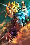  1boy aqua_eyes blonde_hair capsule_corp denim denim_jacket dragon_ball dragonball_z fingernails fire glowing jacket looking_back male_focus profile serious short_hair smoke spiked_hair st62svnexilf2p9 super_saiyan sword trunks_(dragon_ball) upper_body weapon 