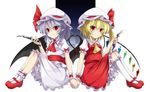  akisome_hatsuka bat_wings blonde_hair blue_hair dagger flandre_scarlet hat heart heart_wings heart_wings_duo highres holding_hands multiple_girls red_eyes remilia_scarlet short_hair siblings side_ponytail sisters smile touhou tsurime weapon wings 