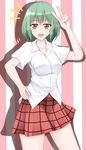  bad_id bad_pixiv_id breasts collarbone commentary green_hair highres kazami_yuuka large_breasts open_mouth red_eyes shirt short_sleeves skirt smile solo touhou v wendell 