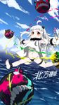  2015 absurdres ahoge art_brush barefoot black_panties blue_sky blush cloud cloudy_sky dated day highres holding horns jay_zhang kantai_collection long_hair looking_at_viewer mittens navel northern_ocean_hime ocean outdoors outstretched_arms paintbrush pale_skin panties shinkaisei-kan sky smile solo spread_arms translation_request underwear white_hair 