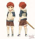  bandaid bandaid_on_face character_sheet child emiya_shirou fate/stay_night fate_(series) hood hoodie inaho178 male_focus multiple_views red_hair shinai shorts sword weapon yellow_eyes younger 