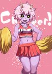  :d ashido_mina bare_shoulders black_sclera boku_no_hero_academia cheerleader choker collarbone fang groin highres holding horns looking_at_viewer miniskirt navel okt open_mouth pink_hair pom_poms purple_skin red_skirt short_hair skirt smile solo tank_top yellow_eyes 