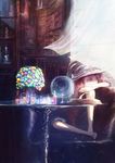  bottle chair crossed_arms curtains hat highres knee_up lamp lens library long_hair original popopo_(popopo5656) sitting solo stained_glass table vial window witch_hat 