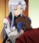  1boy 1girl blue_gloves breast_smother breasts brown_hair couple friends gloves half-closed_eyes hand_on_another&#039;s_head hand_on_another's_head hand_on_head hands_on_another&#039;s_head hands_on_another's_head hands_on_head head_grab highres jacket kiba_mikoto large_breasts leaning leaning_forward lips long_hair looking_at_another looking_down mikami_arashi screencap shiny shiny_hair short_hair side_slit silver_hair stitched triage_x upper_body yellow_eyes 