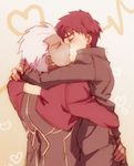  archer cardiogram dark_skin dark_skinned_male emiya_shirou fate/stay_night fate_(series) french_kiss gradient gradient_background inaho178 kiss male_focus multiple_boys red_hair saliva selfcest spoilers white_hair yaoi 