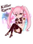  animal_ears bangs bare_shoulders bell bell_collar bikini_top black_eyes blunt_bangs breasts cat_ears chibi choker collar expressionless genderswap genderswap_(mtf) gloves hisui_(mandy2022) jojo_no_kimyou_na_bouken killer_queen loincloth long_hair miniskirt no_humans pink_hair pink_skin sandals shiny shirt skirt small_breasts stand_(jojo) strapless studs thighhighs twintails very_long_hair 