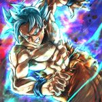  1boy aqua_eyes aura blue_background clenched_hand dragon_ball dragon_ball_super dutch_angle fighting_stance frown grey_hair grin looking_at_viewer male_focus multicolored multicolored_background nipples purple_background red_background shirtless short_hair smile son_gokuu spiked_hair st62svnexilf2p9 torn_clothes ultra_instinct veins wristband 